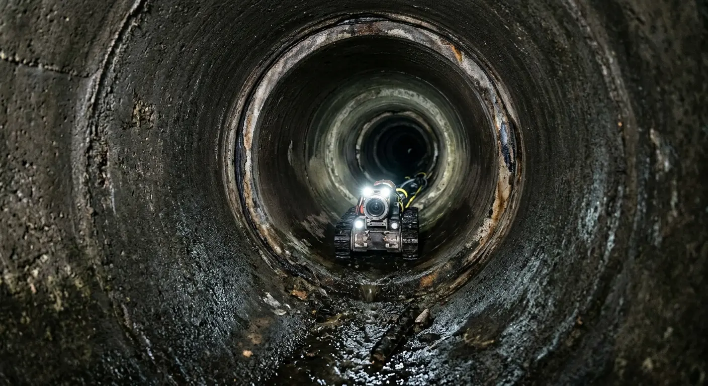 Robotic sewer camera inspecting pipe interior for Sewer Line Repair in Stoughton