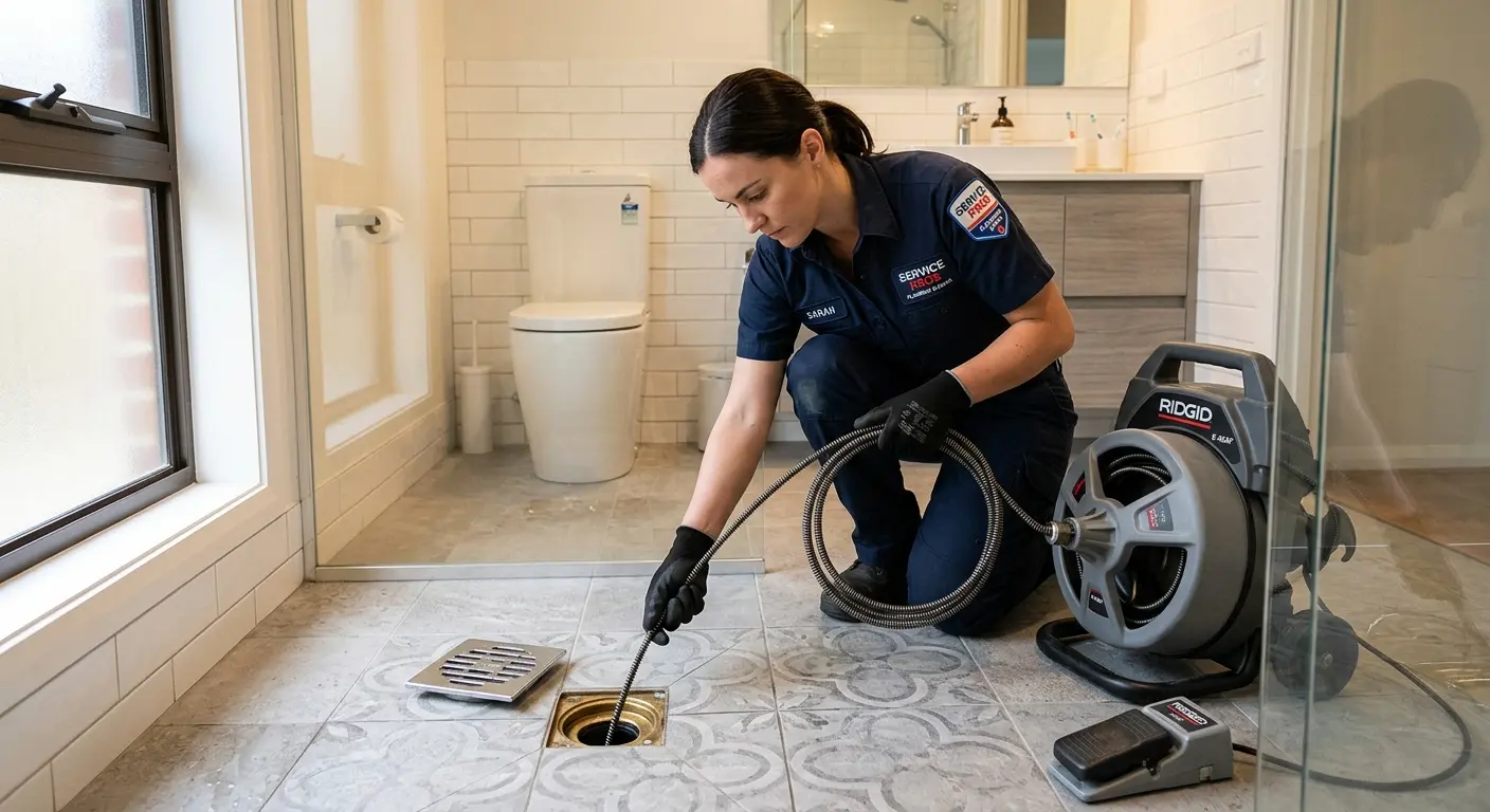 Technician clearing a bathroom floor drain for Sewer Line Installation in Stoughton